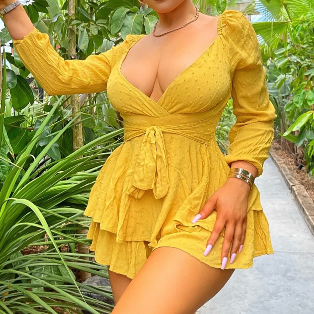 Fashion Nova Mustard Yellow Tiered Long-Sleeve Romper